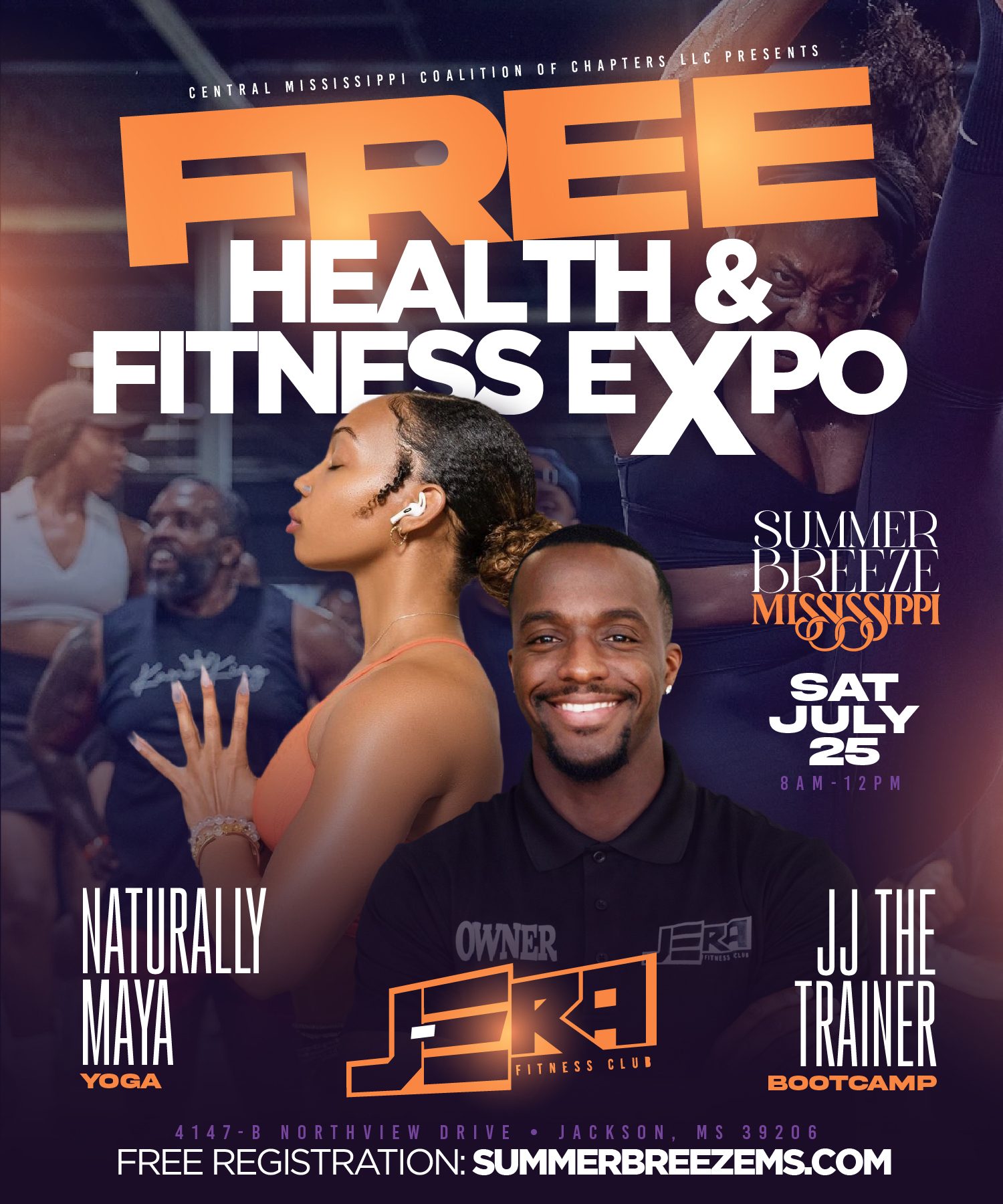 Free Health and Fitness Expo flyer — Saturday July 25, 8 AM to 12 PM, JERA Fitness Club